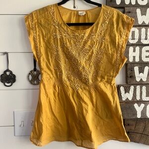 Anthropologie Mustard Yellow Embroidered Cap-Sleeve Top